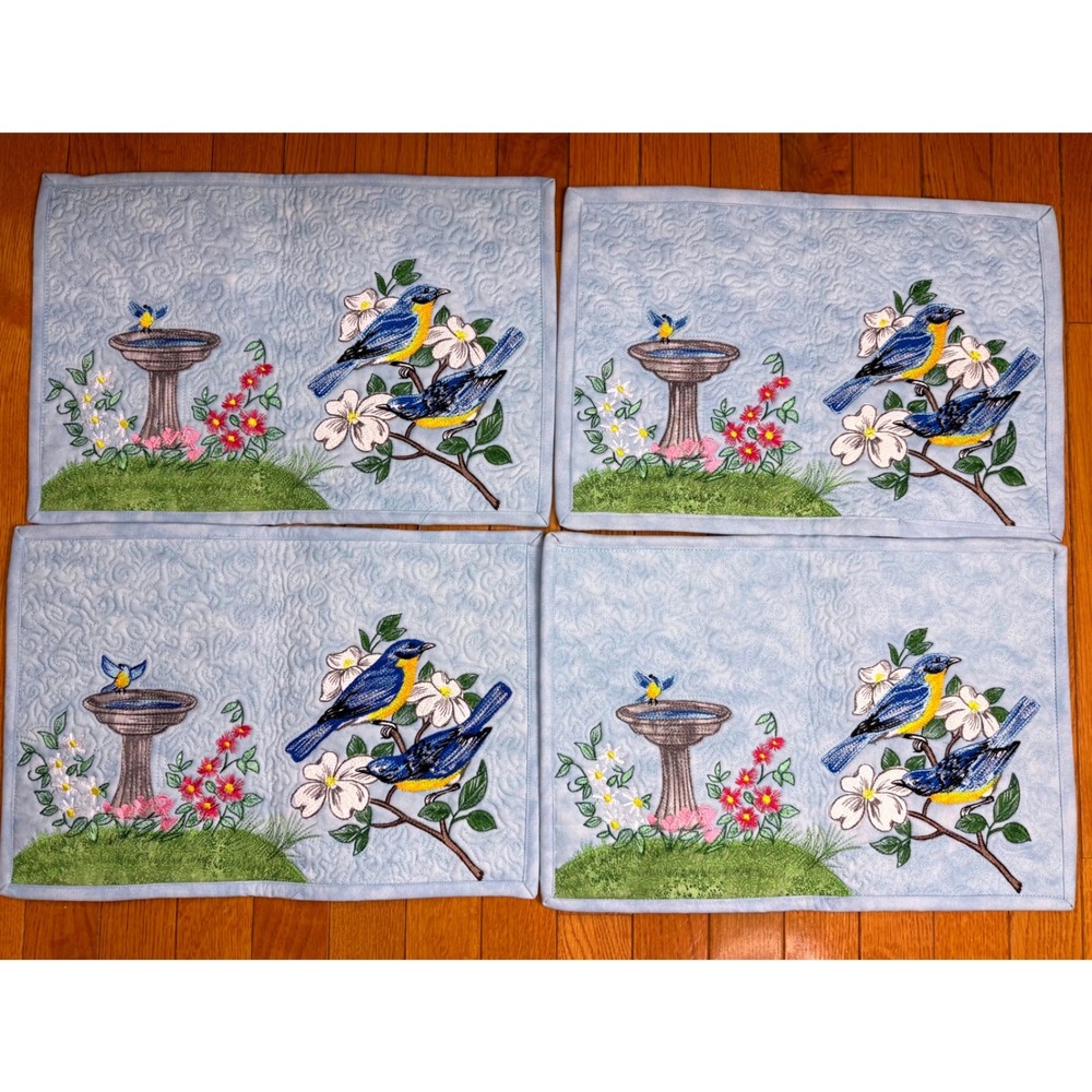 Set of 4 Quilted Embroidered Bluebird Birdbath Floral Placemats Light Blue‎